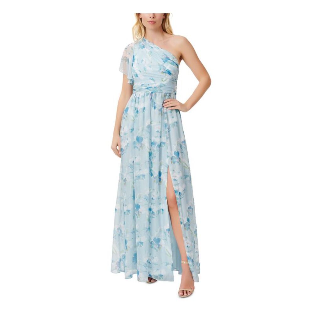 ADRIANNA PAPELL Womens Light Blue Lined Flutter Sleeve Full-Length Gown Dress 0